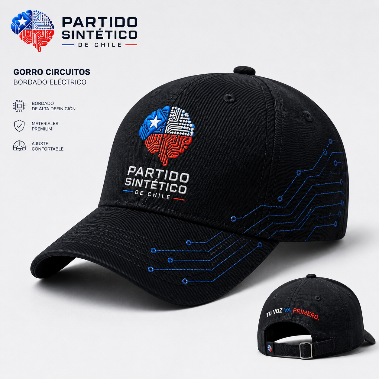 Gorro · Circuitos — Tu voz va primero. Edición Partido Sintético de Chile.