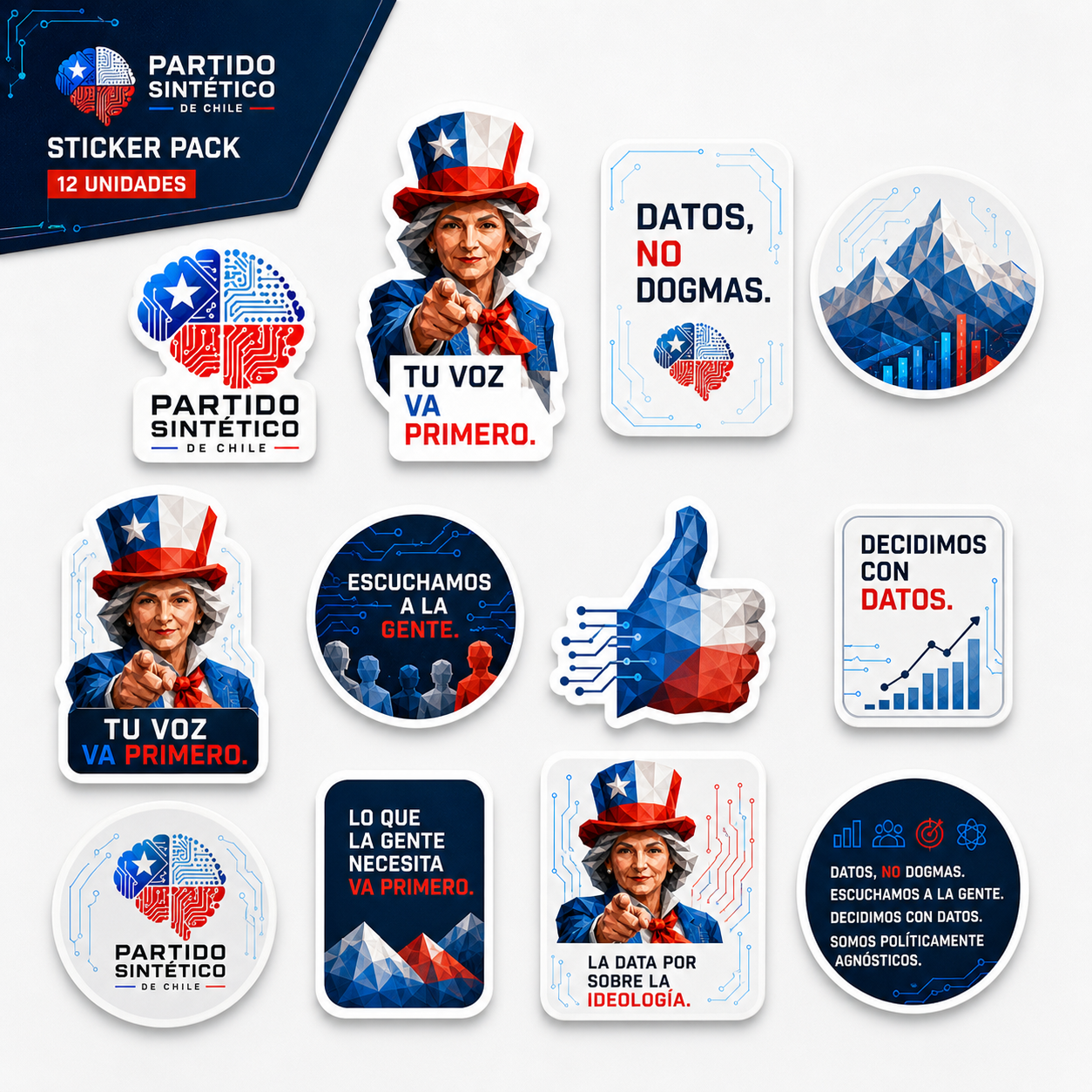 Sticker pack · 12 unidades — Pega ideas en cualquier parte. Edición Partido Sintético de Chile.